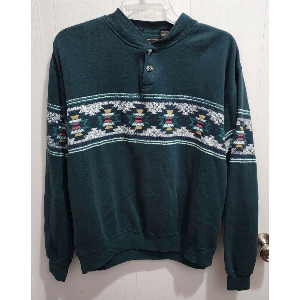 Vtg High Noon Mens Long Sleeve Henley Neck Sweatshirt Southwestern Aztec Size L